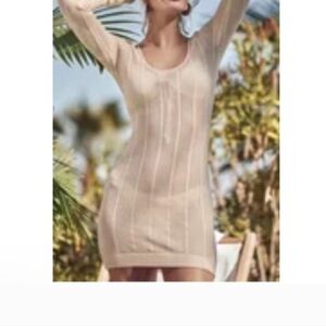 Lulu's Beige Crochet Long Sleeve Coverup Dress